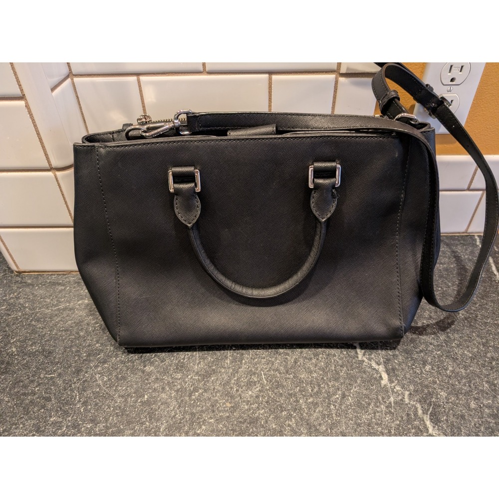 Michael Kors Medium Satchel Black Leather Crossbody‎ Bag Silver Hardware